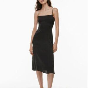 NWT Wilfred | Aritzia Magdalena Satin Midi Coctail Dress in Solid Black | Size 2